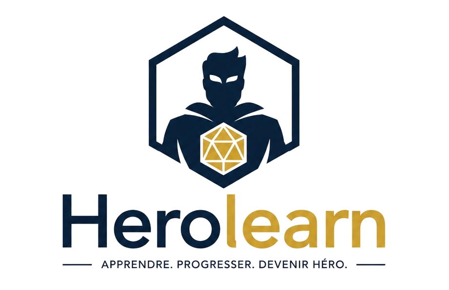 Emblème HeroLearn : un héros protégeant un dé à vingt faces