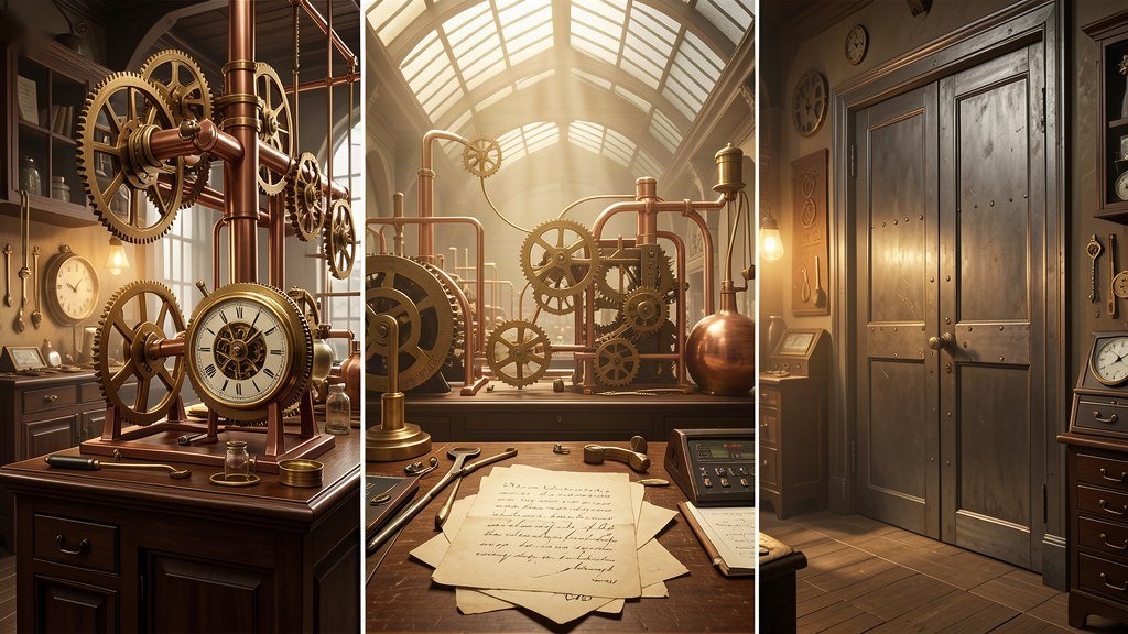 L'Atelier des Automates : établi d'horloger, engrenages de laiton et cuivre, portes closes d'un automate mécanique